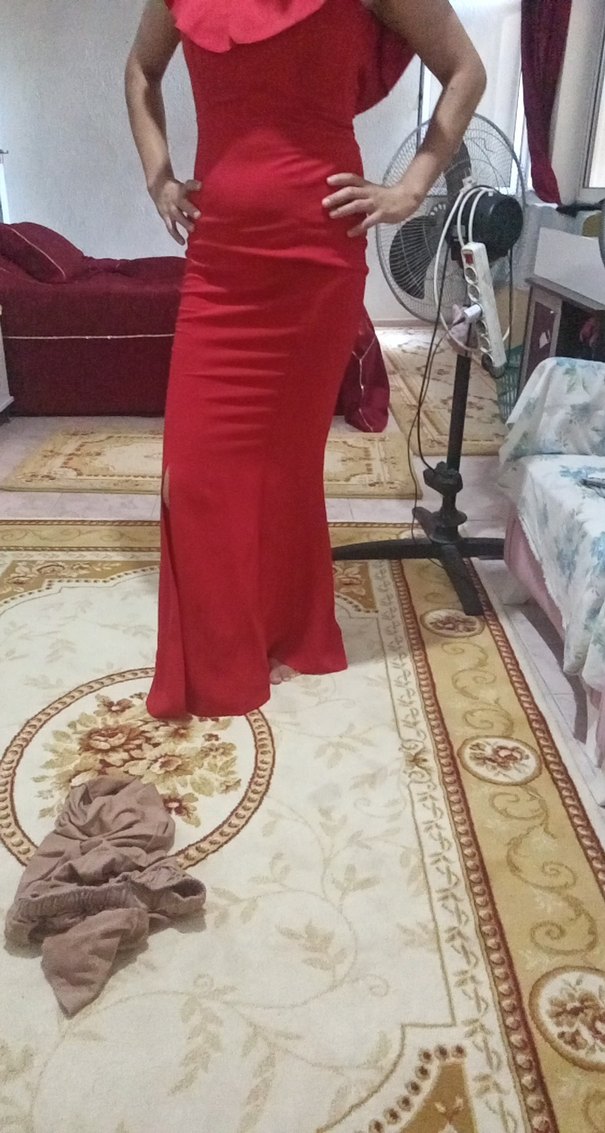 Kırmızı Uzun Drapeli V Yaka Abiye Elbise - Görsel 5