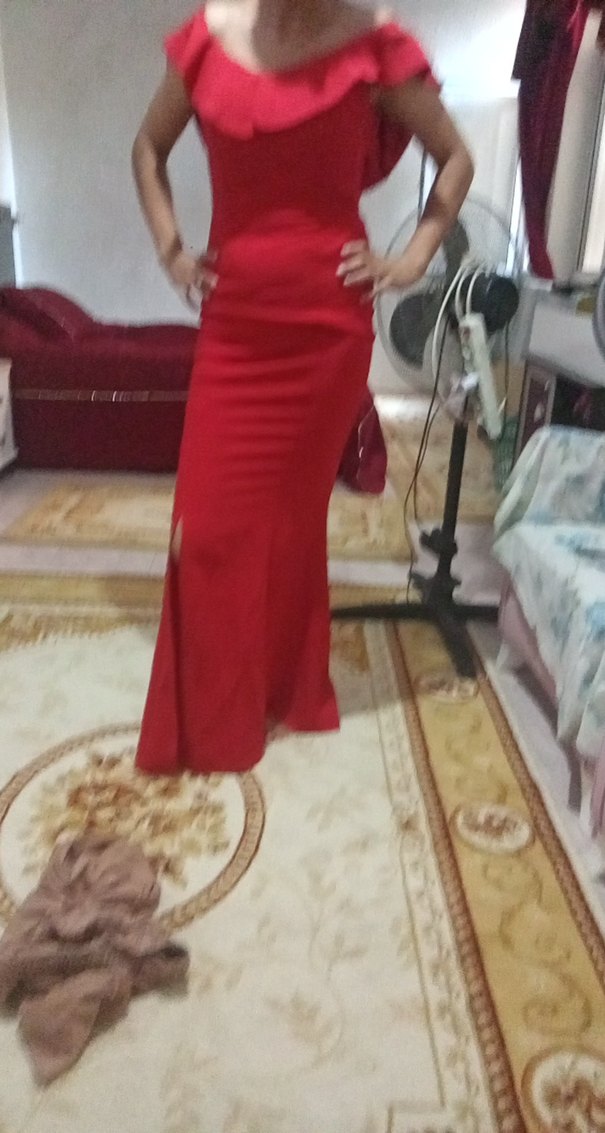 Kırmızı Uzun Drapeli V Yaka Abiye Elbise - Görsel 4