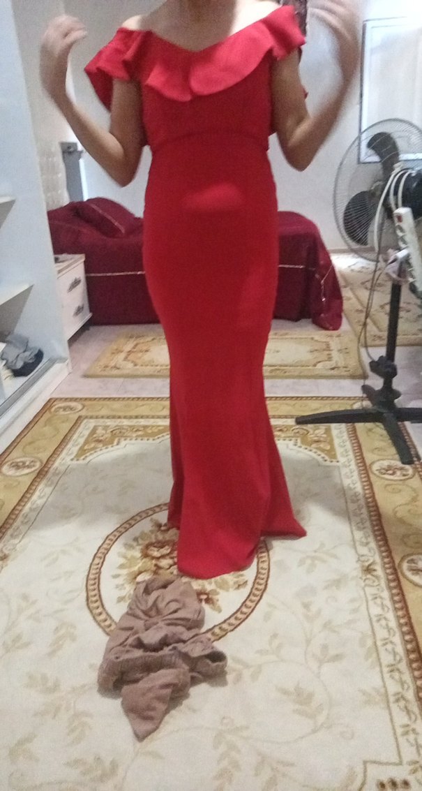 Kırmızı Uzun Drapeli V Yaka Abiye Elbise - Görsel 2