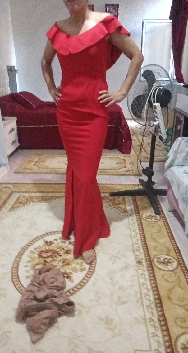 Kırmızı Uzun Drapeli V Yaka Abiye Elbise - Görsel 3