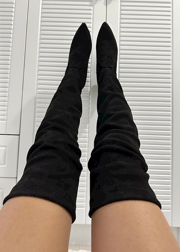 Siyah Süet Dizüstü Stiletto çizme - Görsel 2