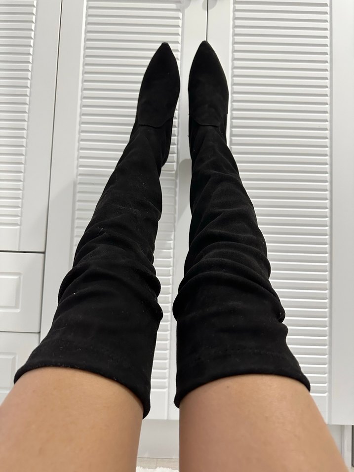 Siyah Süet Dizüstü Stiletto çizme - Görsel 2