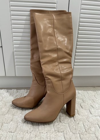 Bej Deri Dizüstü Topuklu Kadın Çizme - Görsel 3