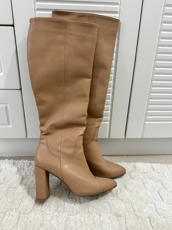Bej Deri Dizüstü Topuklu Kadın Çizme - Görsel 2