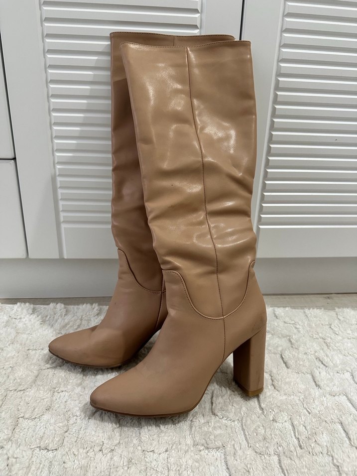 Bej Deri Dizüstü Topuklu Kadın Çizme - Görsel 3