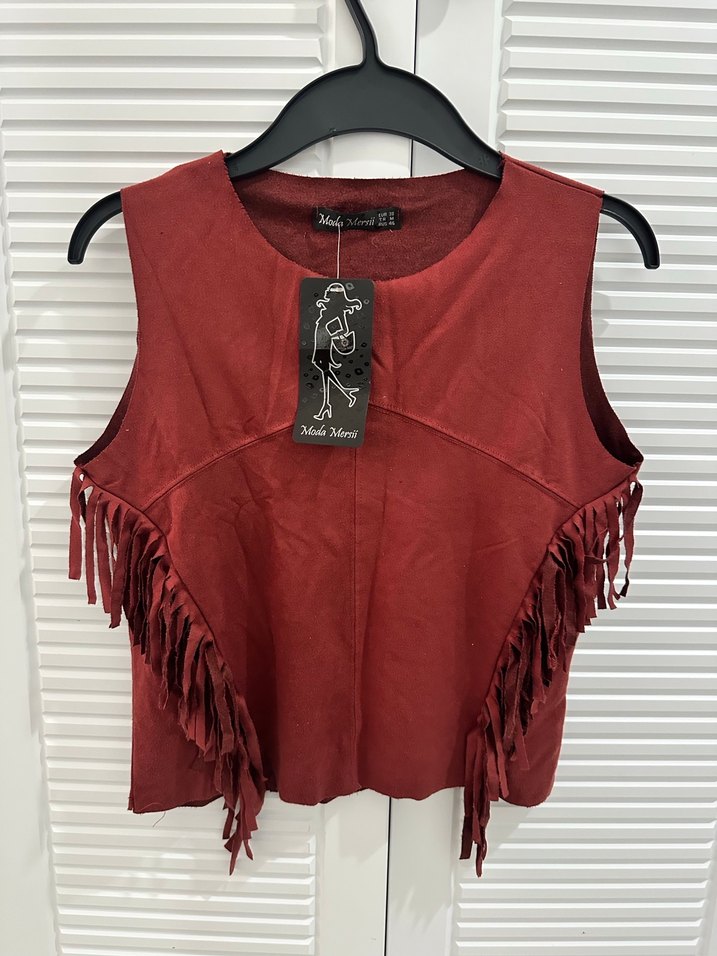 Püsküllü Bordo Süet Bohem bluz - Görsel 3