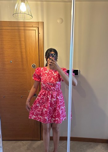Pembe Bağlamalı Desenli Elbise