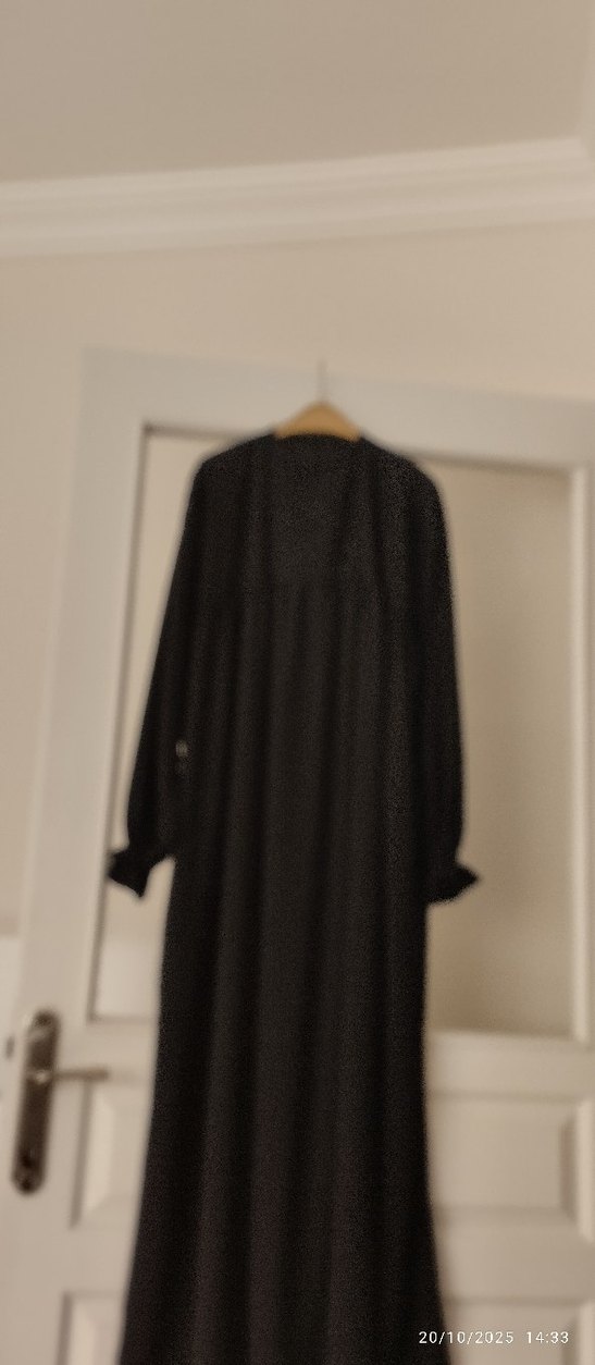 Uzun Siyah Keten Kadın Elbise - Görsel 3