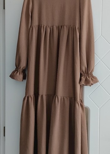 Panço Bej Uzun Keten Elbise Fırfırlı