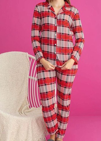 Uzun Kollu pembe Ekose Kadın Pijama Takımı