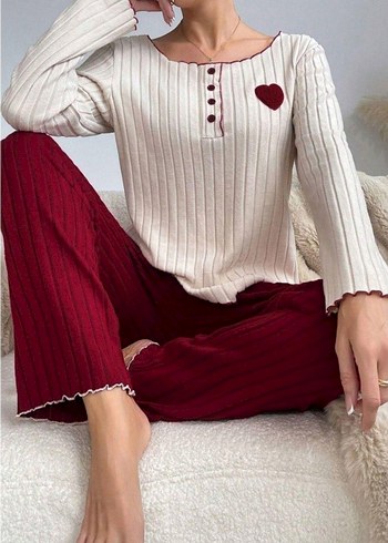 Bordo Nakışlı Rahat Kadın Pijama Takımı