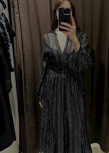 Zebra Desenli Siyah Piliseli Uzun Kadın Elbise