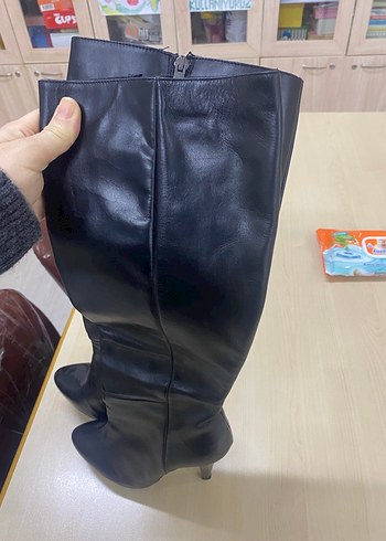 Siyah Deri Dizüstü Stiletto Topuklu çizme - Görsel 7