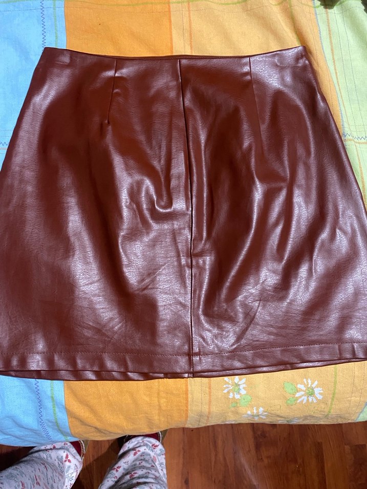 Düğmeli Kahverengi Deri Mini Etek - Görsel 5