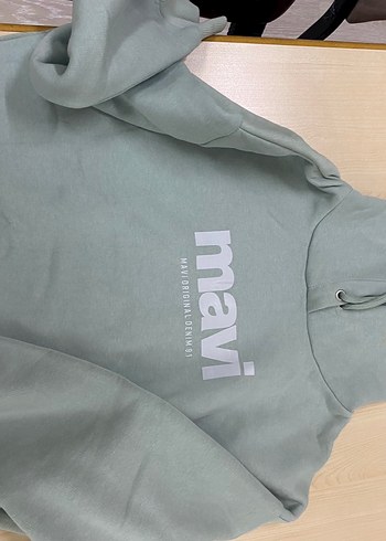 Mint yeşili  Kapüşonlu Mavi Baskılı Sweatshirt - Görsel 4
