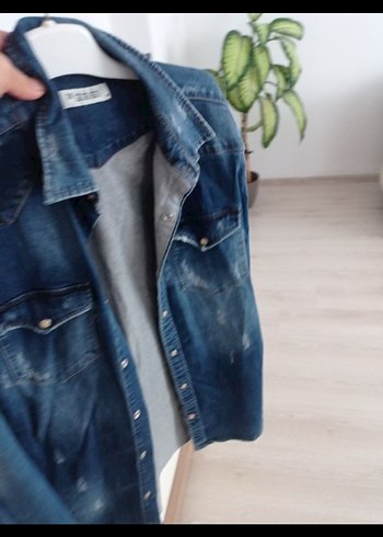 Düğmeli Mavi Denim erkek Gömlek - Görsel 3