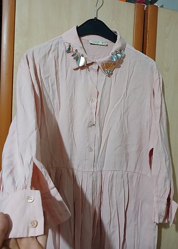 xl Beden Pembe Tunik,elbise Düğmeli, Salaş Kesim 42 bdn pembe gömlek yaka