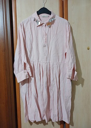 Pembe Tunik,elbise Düğmeli, Salaş Kesim 42 bdn pembe gömlek yaka