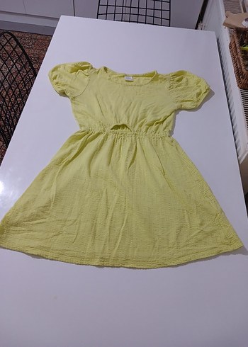 Kız Çocuk Sarı Keten Kısa Kollu Elbise - Görsel 5