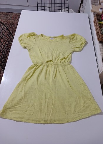 Kız Çocuk Sarı Keten Kısa Kollu Elbise - Görsel 4