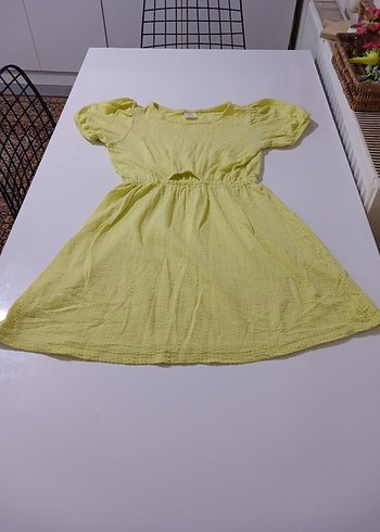 Kız Çocuk Sarı Keten Kısa Kollu Elbise - Görsel 6