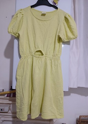 Kız Çocuk Sarı Keten Kısa Kollu Elbise - Görsel 10