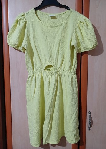 Kız Çocuk Sarı Keten Kısa Kollu Elbise - Görsel 2