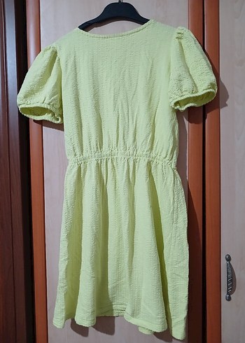 Kız Çocuk Sarı Keten Kısa Kollu Elbise - Görsel 3