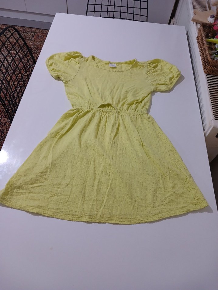 Kız Çocuk Sarı Keten Kısa Kollu Elbise - Görsel 5