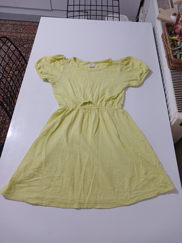 Kız Çocuk Sarı Keten Kısa Kollu Elbise - Görsel 4