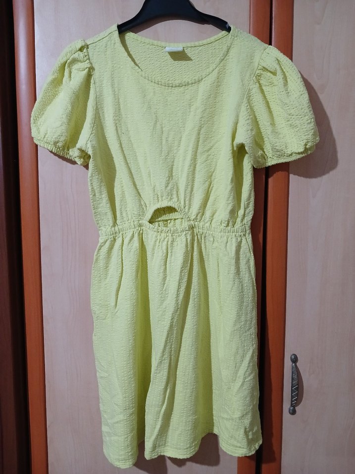 Kız Çocuk Sarı Keten Kısa Kollu Elbise - Görsel 2