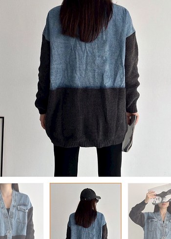 Gri Triko ve Denim Kombinli Hamile Hırkası - Görsel 2