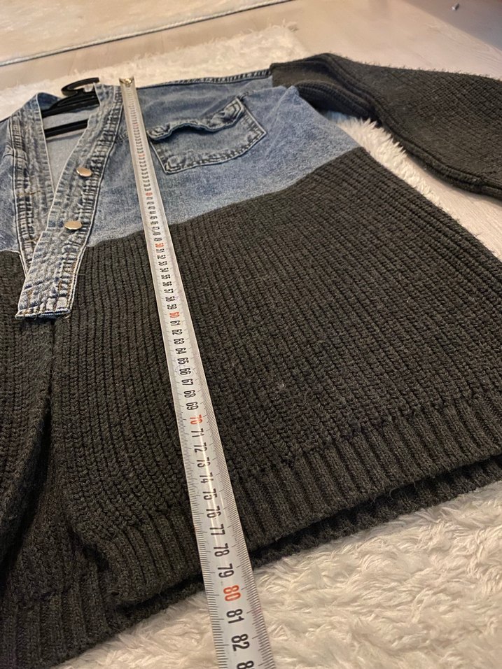 Gri Triko ve Denim Kombinli Hamile Hırkası - Görsel 5