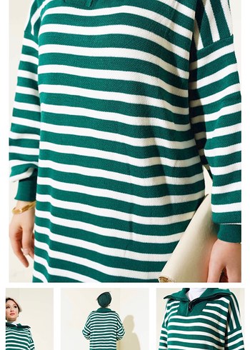 Yeşil Çizgili Uzun Triko Elbise - Görsel 2