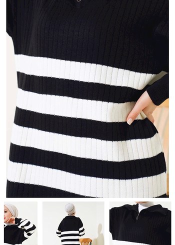 Siyah Beyaz Çizgili Uzun Triko Elbise - Görsel 2