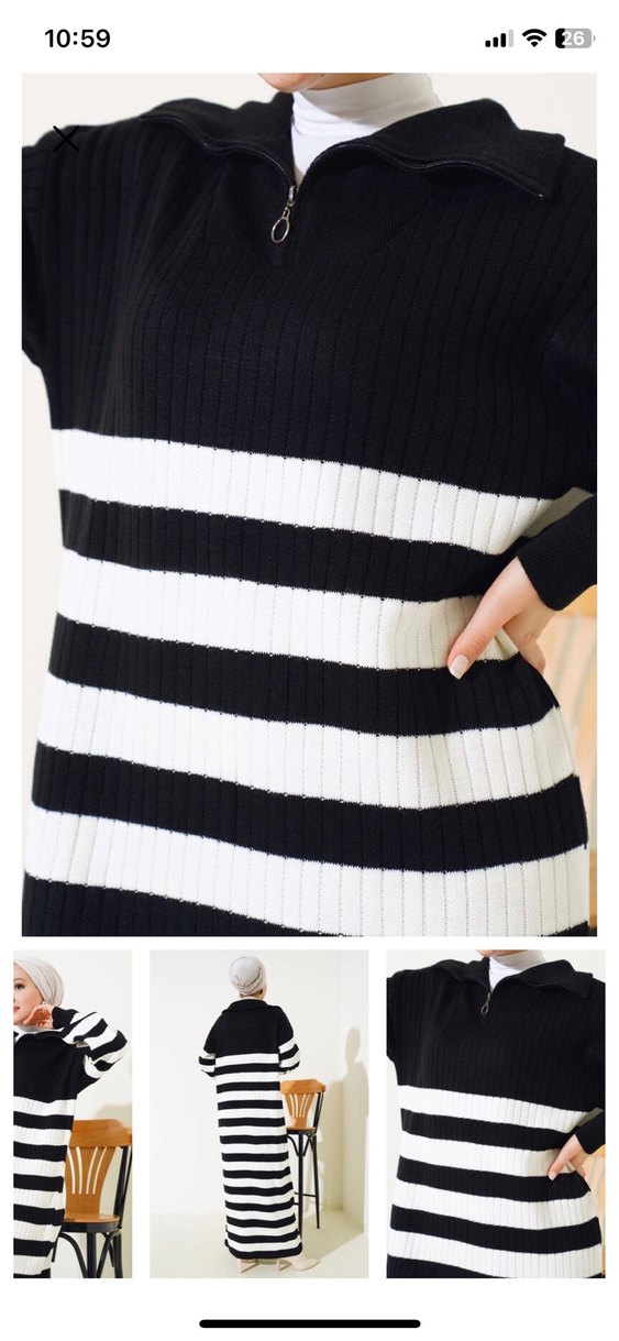 Siyah Beyaz Çizgili Uzun Triko Elbise - Görsel 2