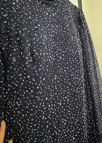 Uzun Kollu Lacivert Desenli Uzun Elbise - Görsel 4