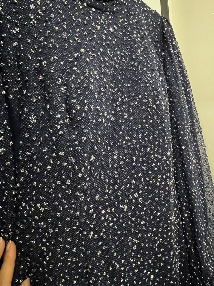 Uzun Kollu Lacivert Desenli Uzun Elbise - Görsel 4