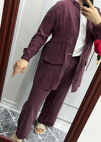 Bordo Kadın Uzun Kollu Kuşaklı Takım - Görsel 2