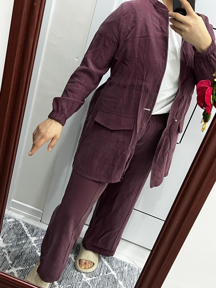 Bordo Kadın Uzun Kollu Kuşaklı Takım - Görsel 2