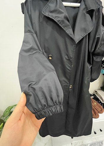 Düğmeli Siyah Kadın Uzun Trençkot - Görsel 2