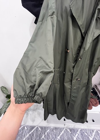 Kadın Haki Uzun Trençkot Kemerli Salaş Kesim - Görsel 4