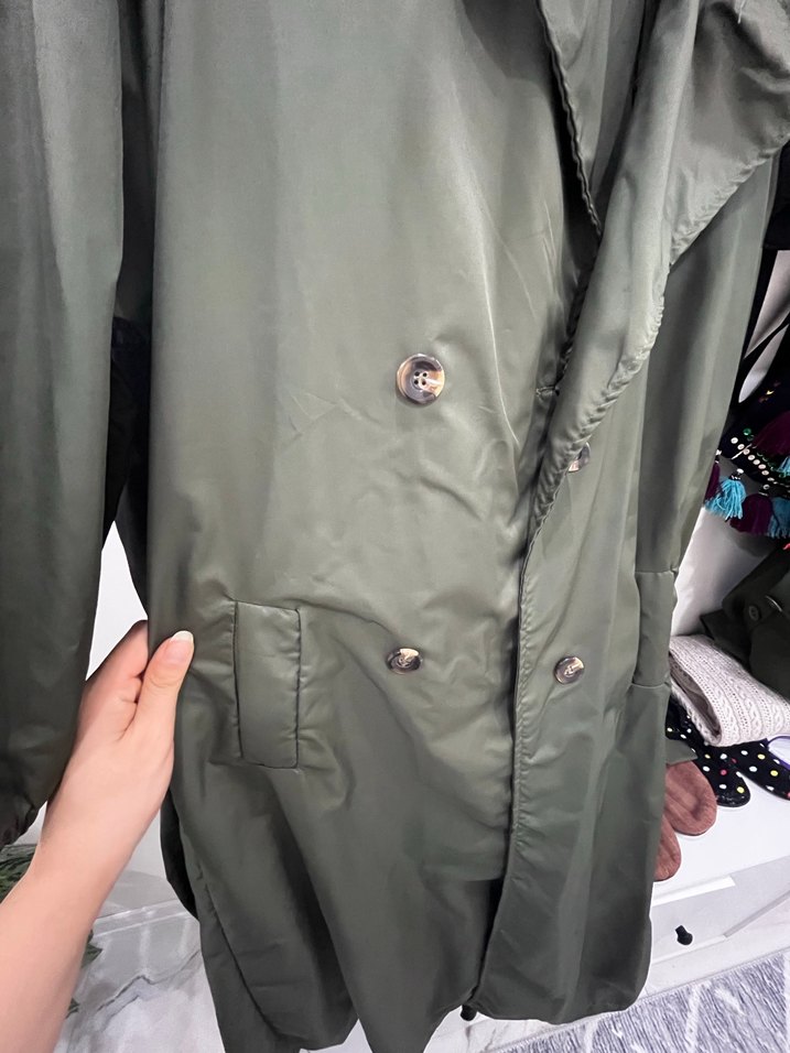 Kadın Haki Uzun Trençkot Kemerli Salaş Kesim - Görsel 3