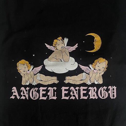 angel energy baskılı siyah koton t-shirt