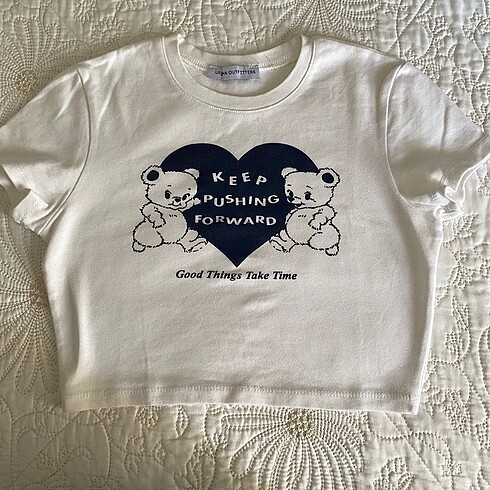 ayıcık baskılı beyaz crop tshirt urban