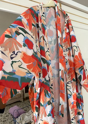 Renkli Tie-Dye Desenli Uzun Kadın Kimono - Görsel 2