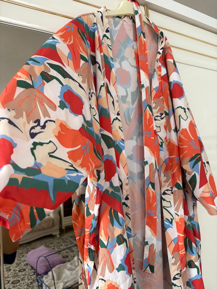 Renkli Tie-Dye Desenli Uzun Kadın Kimono - Görsel 2