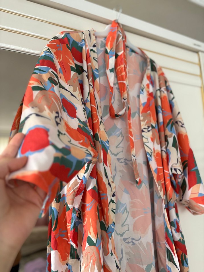 Renkli Tie-Dye Desenli Uzun Kadın Kimono - Görsel 5