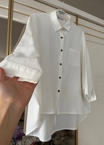 Düğmeli Beyaz Keten Gömlek - Görsel 3