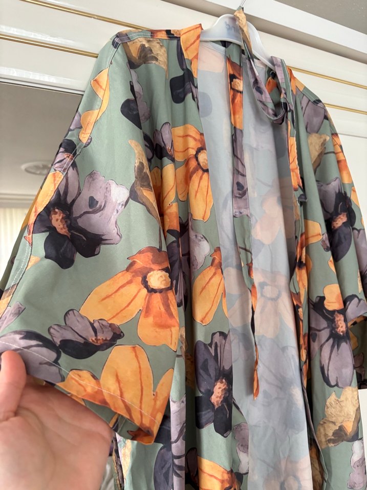 Uzun Bohem Kadın Kimono Gri Çiçek Desenli - Görsel 5